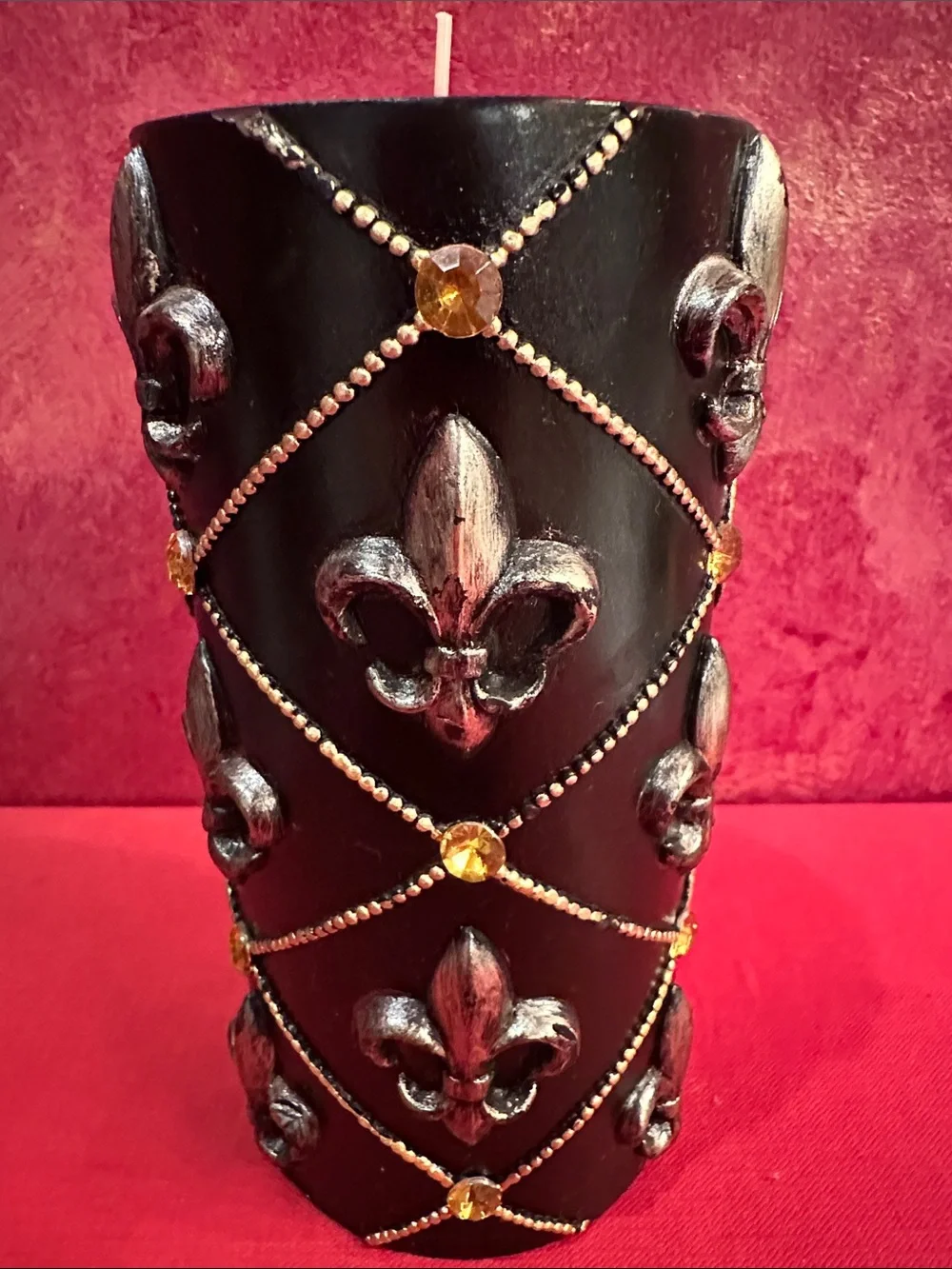 Pier 1 imports Black Fleur-de-Lis Decorative Candle with Gold Accents new